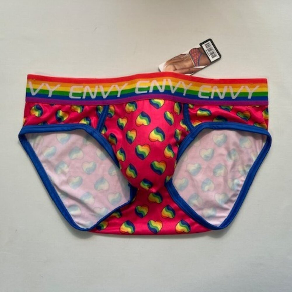 ENVY Size "S/M" Rainbow Hearts PRIDE Briefs - Fuchsia/Blue/PRIDE Colors